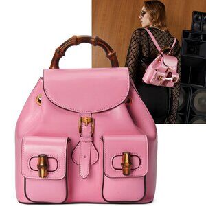 GUCCI BAG 702101 PINK LEATHER SMALL BACKPACK BAMBOO HANDLE